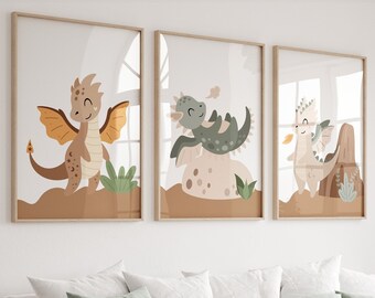 Set di 3 stampe di vivaio di draghi, cucciolo di drago, arte della parete del drago, arte del drago, drago acquerello, bambino drago, stampa drago bambino, pittura drago