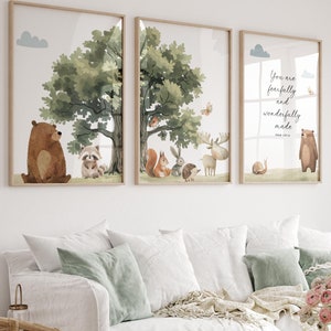 Set van 3 christelijke kinderkamerafdrukken, Psalm 139:14, je bent angstaanjagend en prachtig gemaakt, kunst aan de muur bijbelvers, kunst aan de muur kinderkamer, bosdieren