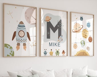 Set of 3 Space nursery prints,Space prints nursery,Space themed nursery,Personalized nursery,Custom name sign,Space poster,Solar system