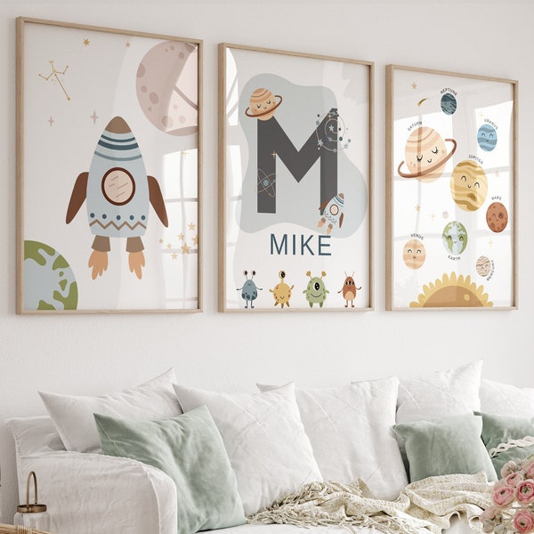 Set of 3 Space nursery prints,Space prints nursery,Space themed nursery,Personalized nursery,Custom name sign,Space poster,Solar system