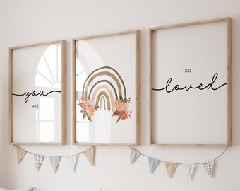 Set of 3 You are so loved nursery wall art,Girl Nursery Decor,Rainbow Print,Girls Room Decor,Nursery Printable,Neutral Nursery,Nursery Quote
