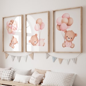 Set of 3 bear nursery prints,Baby girl nursery,Baby girl prints,Bear with balloons,Bear nursery,Baby girl nursery decor,Teddy bear,Pink