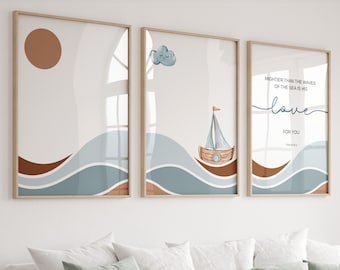 Set van 3 christelijke kinderkamerafdrukken, kinderkamer met oceaanthema, christelijk geschenk, christelijk decor, moderne christelijke kunst, kinderdagverblijfkunst, kinderbijbelvers