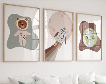 Space print set of 3,Boy nursery print,Space nursery prints,Playroom prints,Space nursery decor,Space decor,Astronaut,3 print set,nursery