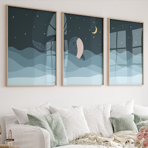 Conjunto de 3 impresiones de vivero oceánico, vivero náutico, vivero oceánico, estampado de ballenas, vivero de niños, vivero temático oceánico, decoración de vivero oceánico, vivero