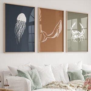 Conjunto de 3 grabados de vivero oceánico, vivero náutico, vivero oceánico, estampado de ballenas, estampado de tortugas marinas, vivero temático oceánico, decoración de vivero oceánico, vivero