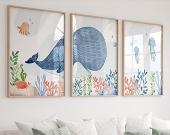 Under the sea nursery prints,Ocean nursery prints,Whale nursery,Whale nursery decor,Ocean nursery art,Jellyfish wall art,Ocean animal prints