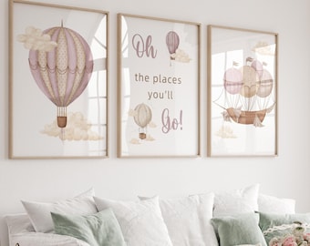 Wydruk do pokoju dziecięcego z balonem na gorące powietrze, Fantazyjny wystrój pokoju dla dziewczynki, Prezent na baby shower, Urocza sztuka ścienna do pokojów dziecięcych, Balon na gorące powietrze, Pokój dziecięcy pełen przygód