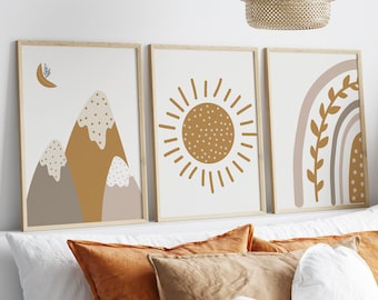 Boho nursery print set of 3,nursery decor neutral,Rainbow sun mountain nursery art,Rainbow poster, nursery decor wall art,Baby shower gift