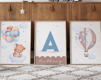 Set of 3 custom teddy bear nursery prints,Teddy bear print,Nursery name sign,Personalized name,Teddy bear nursery decor,Kids wall art,Bear