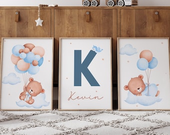 Set of 3 custom teddy bear nursery prints,Teddy bear print,Nursery name sign,Personalized name,Teddy bear nursery decor,Kids wall art,Bear