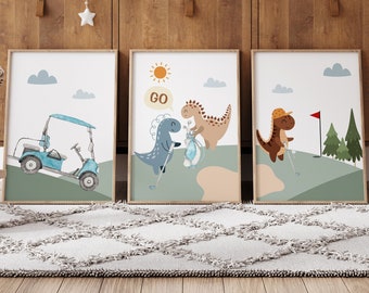 Set van 3 golfkwekerijafdrukken, sportkwekerijinrichting, sportkwekerij babyjongen, dinosauruskwekerijafdrukken, dinosaurusgolfkwekerij, babydierensport