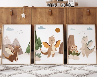3er Set Baby Drachen Druck,Drachenposter,Fabelwesen,Drachen Baby,Fantasy Kinderzimmer,Drachen Kinderzimmer,Drachen Poster,Drachen Poster