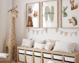 Woodland animal nursery prints set of 3,Custom name nursery,Newborn name sign,Forest nursery,Woodland nursery decor,Watercolor animals