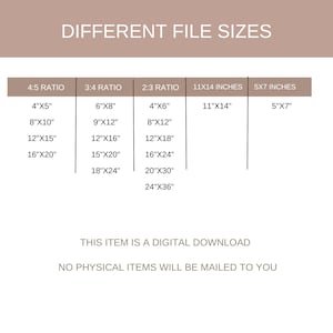 May include: A chart showing different file sizes for digital downloads in inches. The chart is divided into four columns: 4:5 ratio, 3:4 ratio, 2:3 ratio, 11x14 inches, and 5x7 inches. Each column lists different dimensions in inches, such as 4"x5", 8"x10", 12"x15", 16"x20", 6"x8", 9"x12", 12"x16", 15"x20", 18"x24", 4"x6", 8"x12", 12"x18", 16"x24", 20"x30", 24"x36", 11"x14", and 5"x7". The text "This item is a digital download" and "No physical items will be mailed to you" is displayed below the chart.