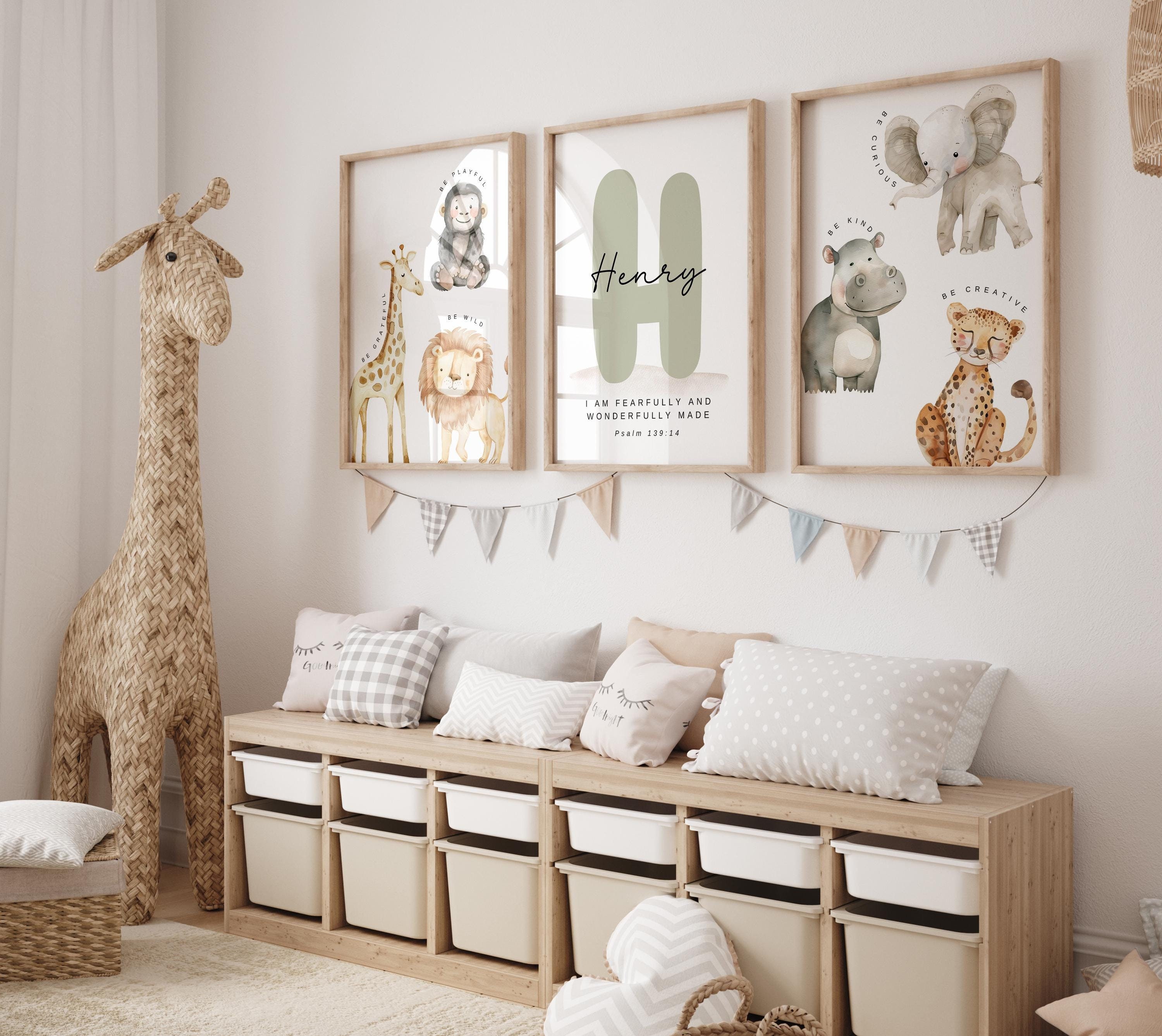Set of 3 Christian nursery prints,Custom name nursery,Animal prints,Safari nursery,Kids room prints,Jungle nursery,Bible verse prints,Bible
