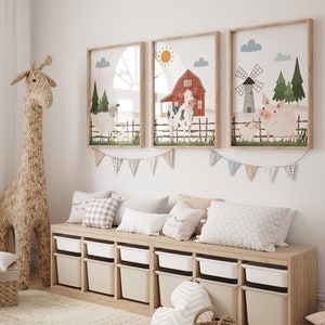 May include: A wooden storage bench with six white storage bins. The bench is decorated with a garland of pastel-coloured flags. Three framed illustrations of farm animals hang above the bench.