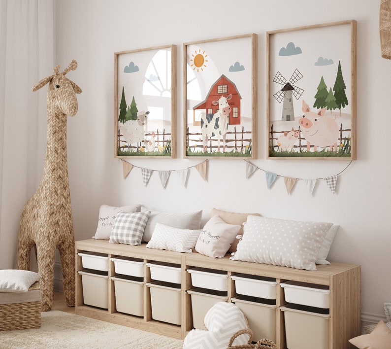 May include: A wooden storage bench with six white storage bins. The bench is decorated with a garland of pastel-coloured flags. Three framed illustrations of farm animals hang above the bench.
