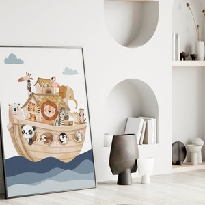 May include: A watercolor illustration of a wooden ark filled with animals, including a lion, zebra, giraffe, panda, and penguin. The ark is floating on blue water with white waves.