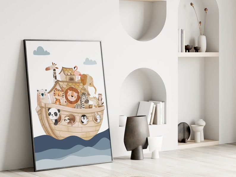 May include: A watercolor illustration of a wooden ark filled with animals, including a lion, zebra, giraffe, panda, and penguin. The ark is floating on blue water with white waves.