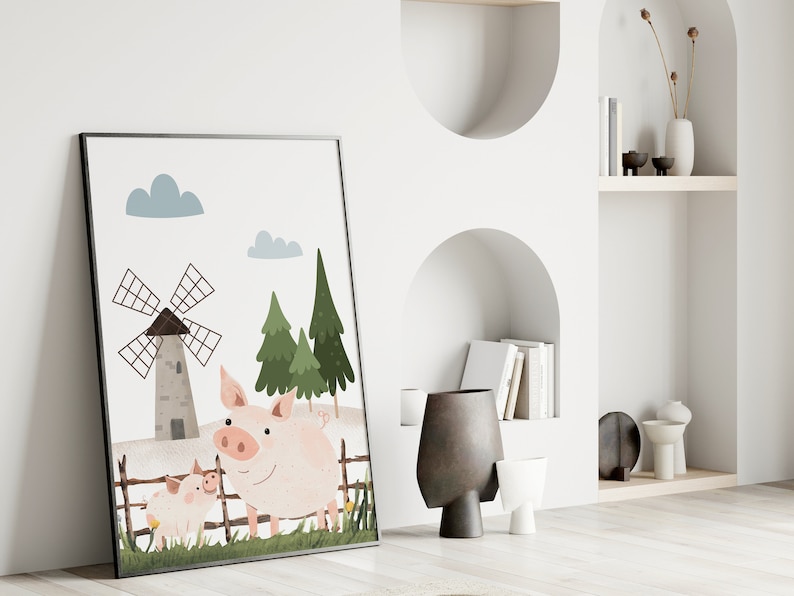 May include: A framed illustration of two pink pigs standing in a field with a windmill in the background. The illustration is in a cartoon style with a white background and green trees.