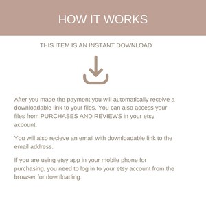 May include: A text-based graphic explaining how to download a digital product from Etsy. The graphic includes the text "HOW IT WORKS", "THIS ITEM IS AN INSTANT DOWNLOAD", and instructions on how to access the download link after purchase.