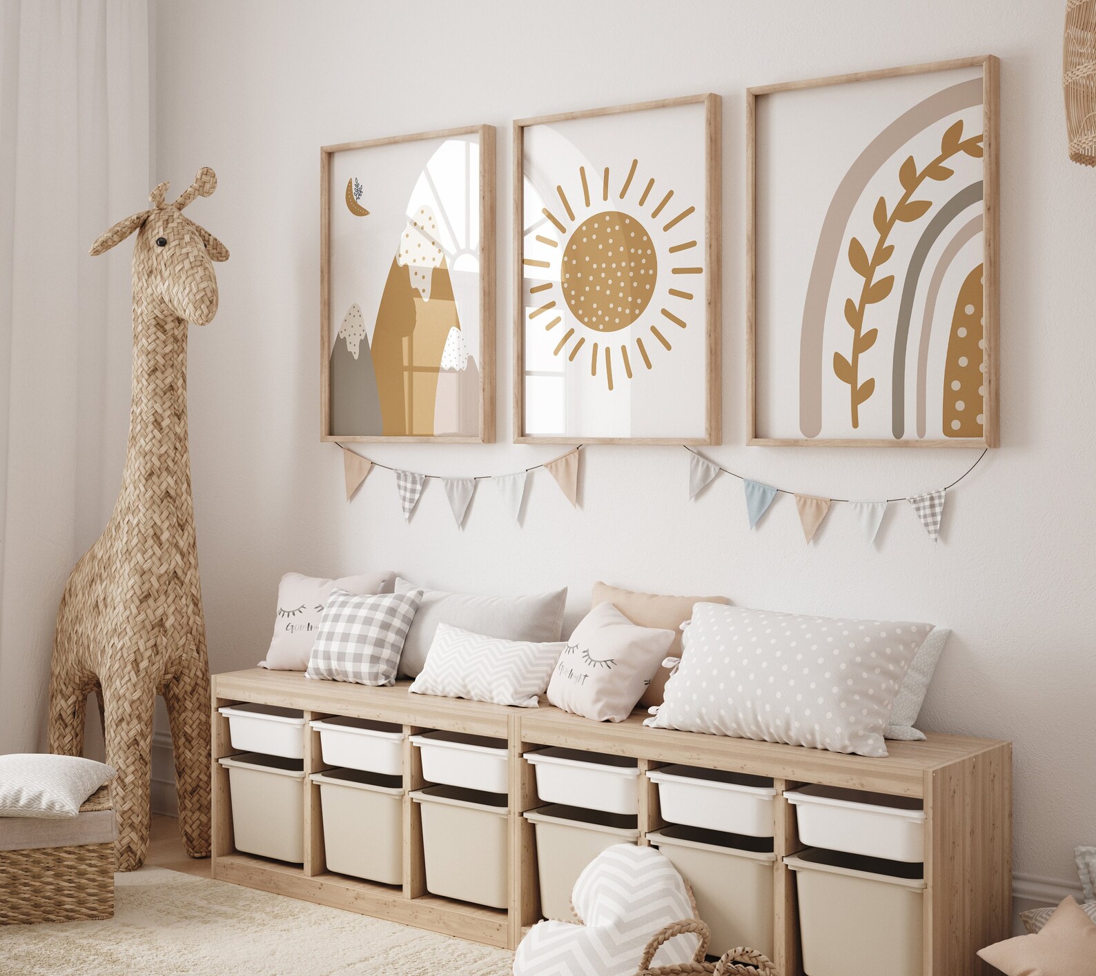 Boho Nursery Print Set of 3,nursery Decor Neutral,rainbow Sun Mountain ...
