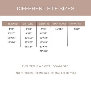 May include: A chart showing different file sizes for digital downloads in inches. The chart is divided into four columns: 4:5 ratio, 3:4 ratio, 2:3 ratio, 11x14 inches, and 5x7 inches. Each column lists different dimensions in inches, such as 4"x5", 8"x10", 12"x15", 16"x20", 6"x8", 9"x12", 12"x16", 15"x20", 18"x24", 4"x6", 8"x12", 12"x18", 16"x24", 20"x30", 24"x36", 11"x14", and 5"x7". The text "This item is a digital download" and "No physical items will be mailed to you" is displayed below the chart.