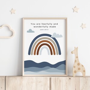 May include: A printable wall art design featuring a rainbow with brown, blue, and gray colors, with a white background and the text "You are fearfully and wonderfully made Psalm 139:14".