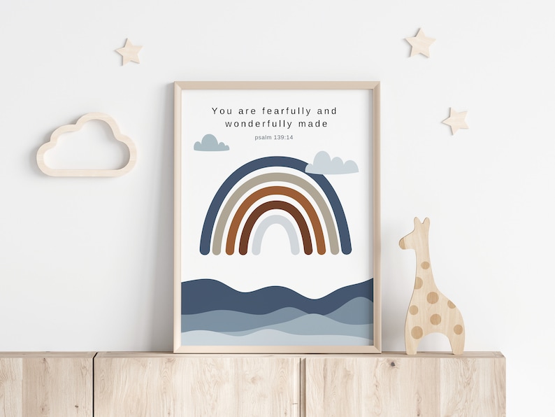 May include: A printable wall art design featuring a rainbow with brown, blue, and gray colors, with a white background and the text "You are fearfully and wonderfully made Psalm 139:14".
