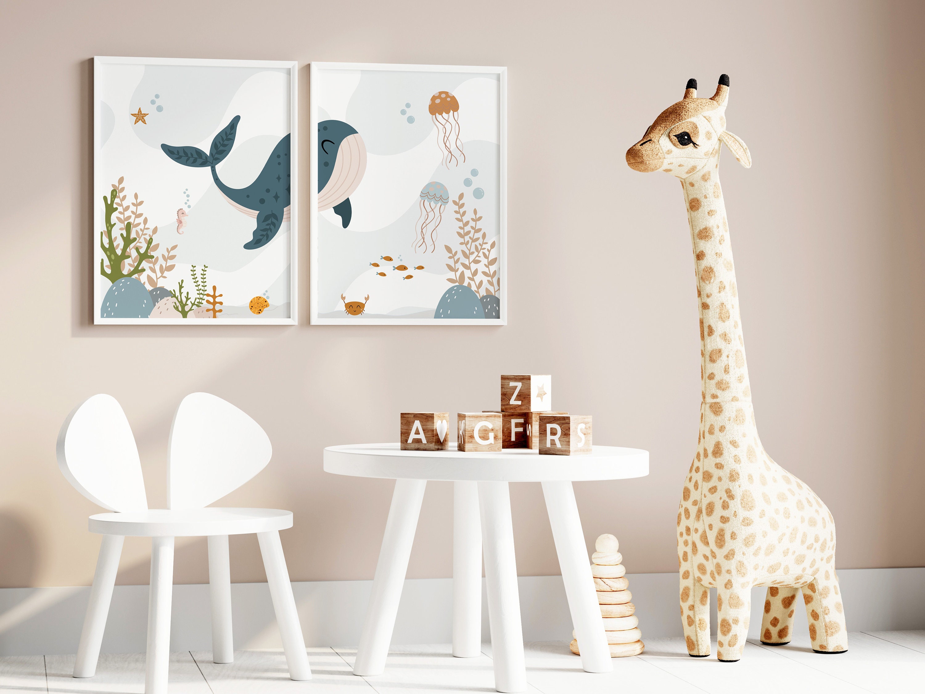 Set of 2 Ocean Nursery Prints,nautical Nursery,ocean Nursery,whale Print,baby Boy Nursery,ocean