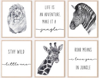 Safari Nursery Decor Set of 6,Safari Print Set,Jungle Art Printable,Jungle Animals,Nursery Prints,Boy Nursery Decor,Stay Wild,Adventure Art