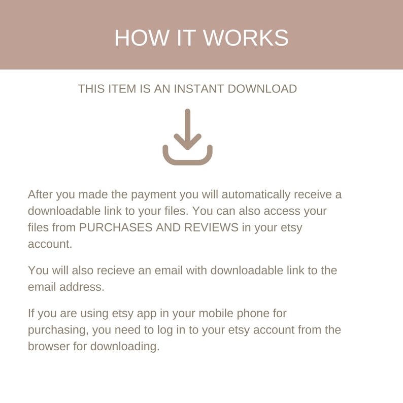 Może przedstawiać: Grafika tekstowa wyjaśniająca, jak pobrać produkt cyfrowy z Etsy. Grafika zawiera tekst "HOW IT WORKS", "THIS ITEM IS AN INSTANT DOWNLOAD" oraz instrukcje dotyczące dostępu do linku do pobrania po zakupie.