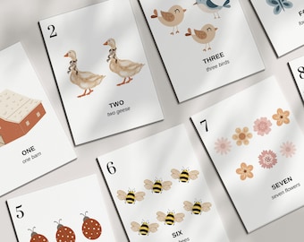 Tarjetas flash de números, Tarjetas educativas, Tarjetas flash Montessori, Tarjetas flash de números de naturaleza, Conteo preescolar, Imprimibles preescolares, Números 1-10