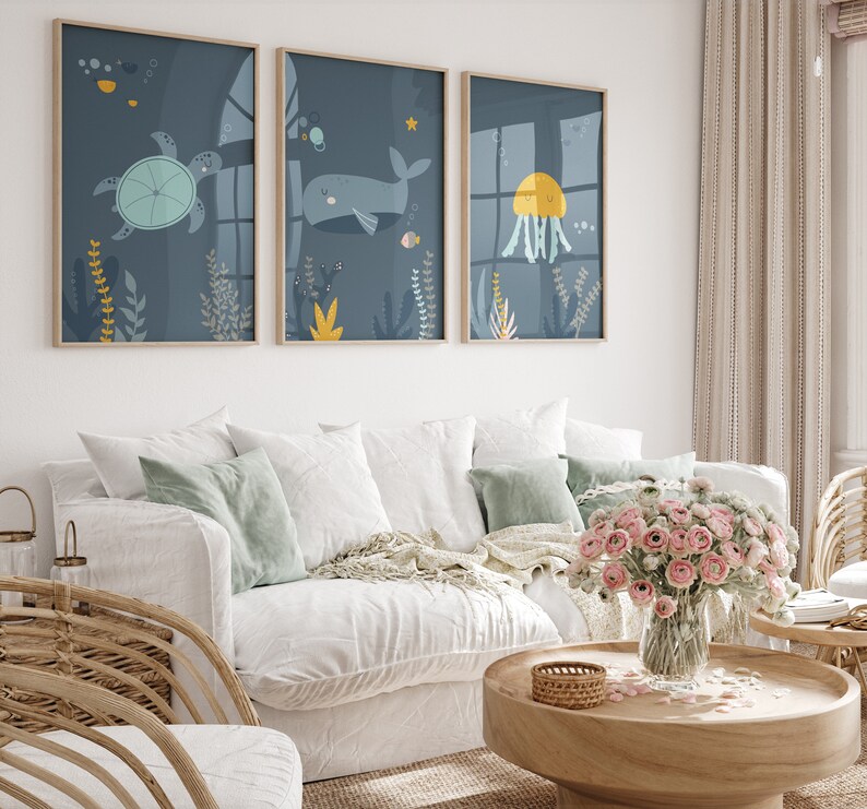 Set of 3 Under the Sea Wall Art,nautical Nursery Print Set,under the