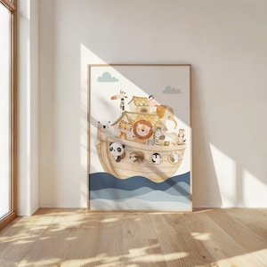 May include: A watercolor illustration of a wooden ark filled with various animals, including a lion, zebra, giraffe, panda, and penguin. The ark is floating on blue water with white clouds in the sky.