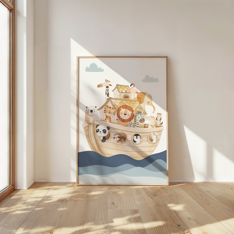May include: A watercolor illustration of a wooden ark filled with various animals, including a lion, zebra, giraffe, panda, and penguin. The ark is floating on blue water with white clouds in the sky.