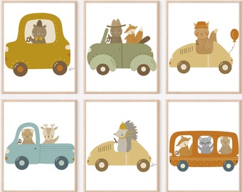 Set di 6 stampe per auto,Arredamento per vivaio per auto,Arte da parete per sala giochi,Stampe artistiche per auto,Animali stravaganti,Arte da parete per vivaio per ragazzi,Stampa per bambini di trasporto