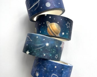 Galaxy Silver Foil Washi Tape | Full Roll | Stars/Planets/Astronauts | Matte Finish | Scrapbooking | Journal | Planner