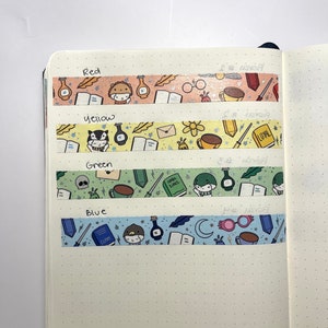 May include: Four rolls of washi tape with a Harry Potter theme. The tape is in red, yellow, green, and blue. Each roll has a different pattern with various Harry Potter themed images, including owls, glasses, books, and potions.