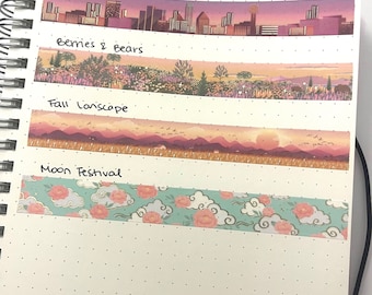 Simply Gilded Passport Washi 24"-48" Washi Tape Samples - Dallas, Berries & Bears, Carolina, Fall Landscape, Field, Moon Festival, Autumn