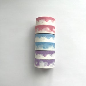 Pastel Cloud Washi Tape | Full Roll | Animal faces/White clouds/Hearts | Matte Finish | Scrapbooking | Journal | Planner