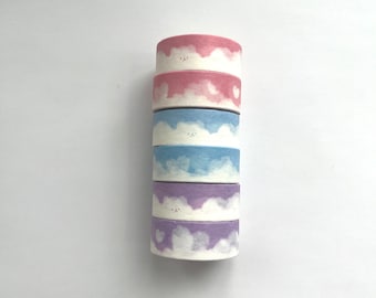 Pastel Cloud Washi Tape | Full Roll | Animal faces/White clouds/Hearts | Matte Finish | Scrapbooking | Journal | Planner
