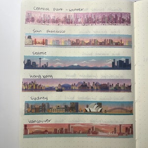 May include: A collection of six washi tapes featuring city skylines. The tapes are labeled with the city names: Central Park - Winter, San Francisco, Seattle, Hong Kong, Sydney, and Vancouver.