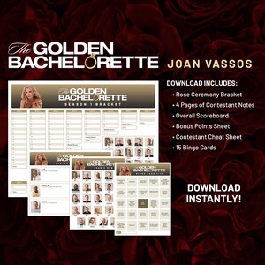 May include: A printable game for The Golden Bachelorette, season 1, featuring a rose ceremony bracket, contestant notes, a scoreboard, bonus points sheet, a cheat sheet, and 15 bingo cards. Download instantly.