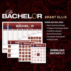 Puede incluir: Un bracket imprimible de The Bachelor Temporada 29 con el nombre de Grant Ellis y un botón de descarga instantánea. El bracket incluye un bracket de la ceremonia de las rosas, notas de los concursantes, un marcador, una hoja de puntos de bonificación, una hoja de trucos y 15 tarjetas de bingo.