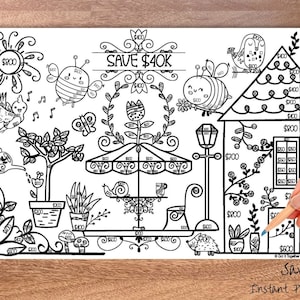 Può includere: Una pagina da colorare in bianco e nero che rappresenta una casa con un giardino. La pagina è progettata per aiutare le persone a tenere traccia dei loro risparmi. Il testo "Save $40K" è in cima alla pagina. Il testo "Savings Tracker" è in fondo alla pagina.