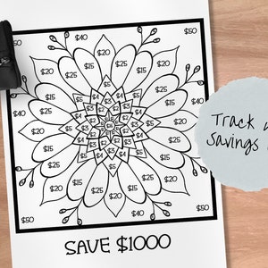 Puede incluir: Un modelo de impresión en blanco y negro para realizar un seguimiento de los objetivos de ahorro en forma de flor. El modelo tiene una cuadrícula de números que representan cantidades en dólares. El texto "Track your Savings Goal" y "SAVE $1000" están incluidos en la impresión.