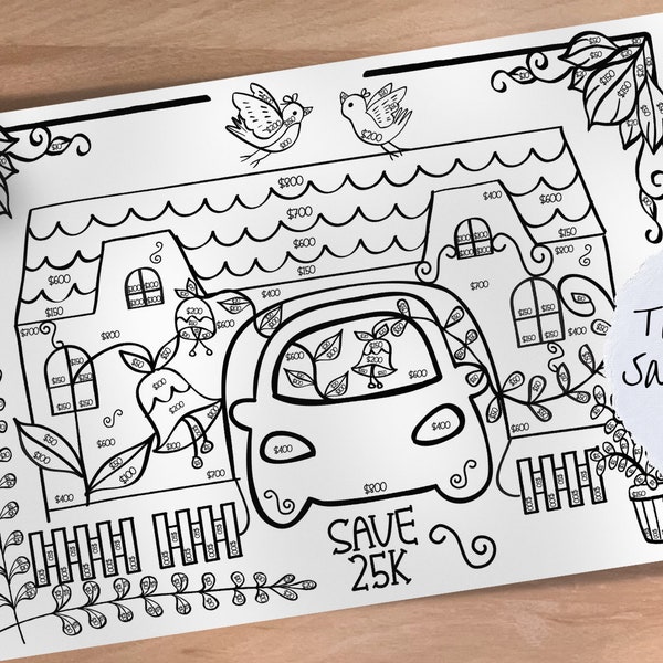 Save 25k while Colouring In Your Savings Tracking Chart | Printable | Colour in | Savings Progress | Car Loan Budget Tool