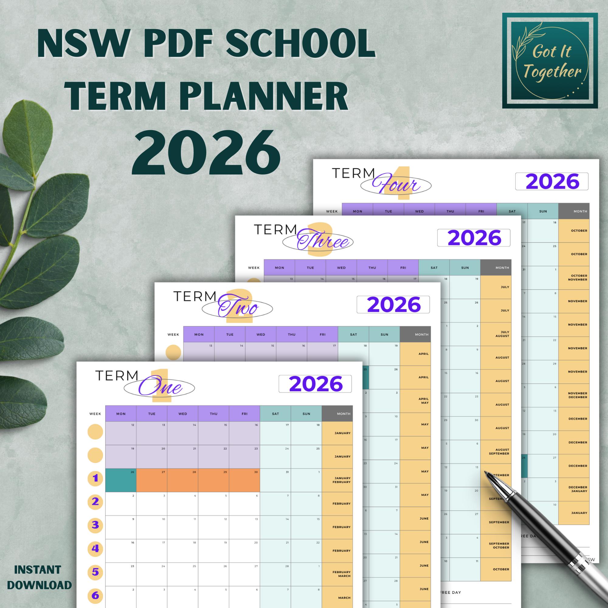 NSW 2026 School Term Planner Printable | New South Wales Public School Calendar PDF with Holidays, Term to a Page